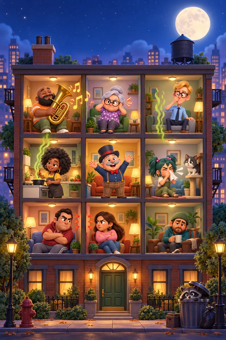 A cutaway apartment building full of bickering neighbors at night