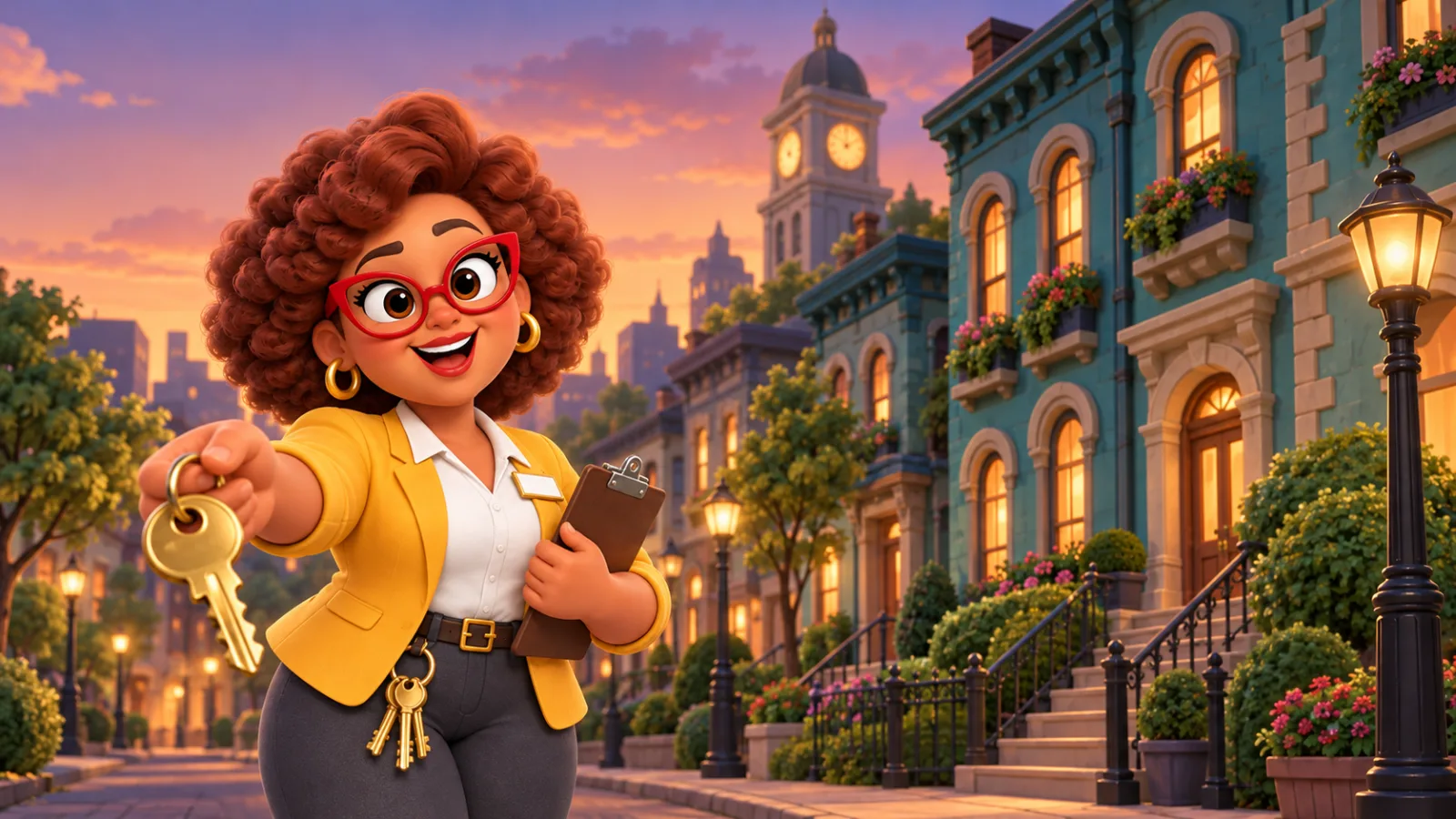 Realtor Rosa handing over the keys in Old Town at sunset